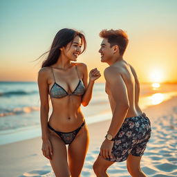 An artistic representation of a romantic encounter on a sunny beach, focusing on the chemistry and connection between a young couple