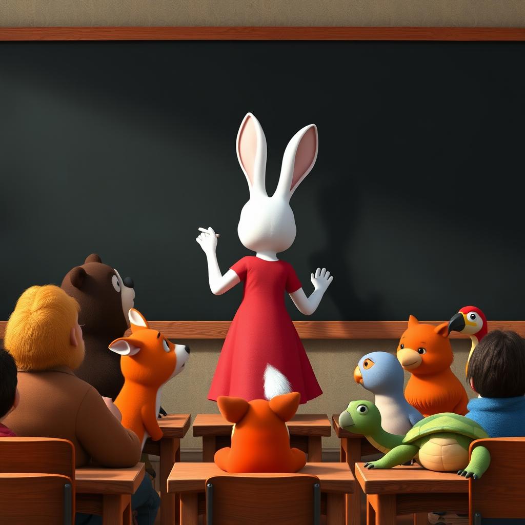 A white rabbit teacher wearing a red dress is facing a blank blackboard, actively writing with chalk