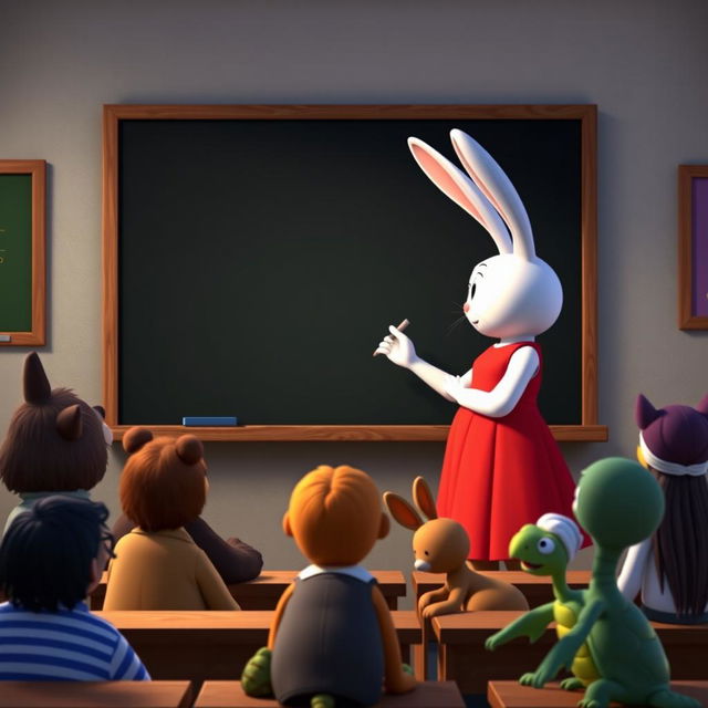 A white rabbit teacher wearing a red dress is facing a blank blackboard, actively writing with chalk