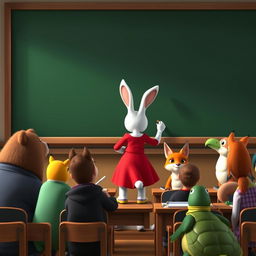 A white rabbit teacher wearing a red dress is facing a blank blackboard, actively writing with chalk