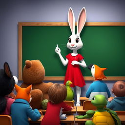 A white rabbit teacher wearing a red dress is facing a blank blackboard, actively writing with chalk