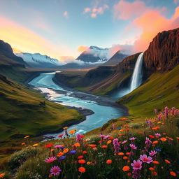 A breathtaking landscape of Iceland during golden hour, showcasing dramatic cliffs and a stunning waterfall cascading down into a serene glacial river