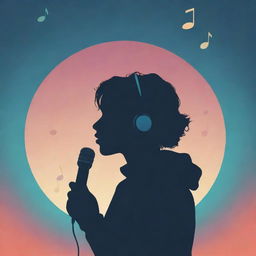 Peaceful poster design featuring an introvert, music lover, and singer. Reflect a warm aesthetic with a central silhouette, surrounded by harmonious musical notes, and clutching a microphone gently. Use a palette of tranquil colors for a soothing feeling.