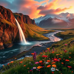 A breathtaking landscape of Iceland during golden hour, showcasing dramatic cliffs and a stunning waterfall cascading down into a serene glacial river