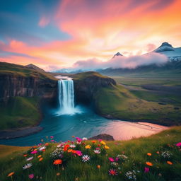 A breathtaking landscape of Iceland during golden hour, showcasing dramatic cliffs and a stunning waterfall cascading down into a serene glacial river