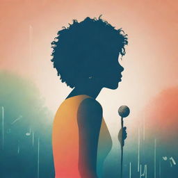 Peaceful poster design featuring an introvert, music lover, and singer. Reflect a warm aesthetic with a central silhouette, surrounded by harmonious musical notes, and clutching a microphone gently. Use a palette of tranquil colors for a soothing feeling.