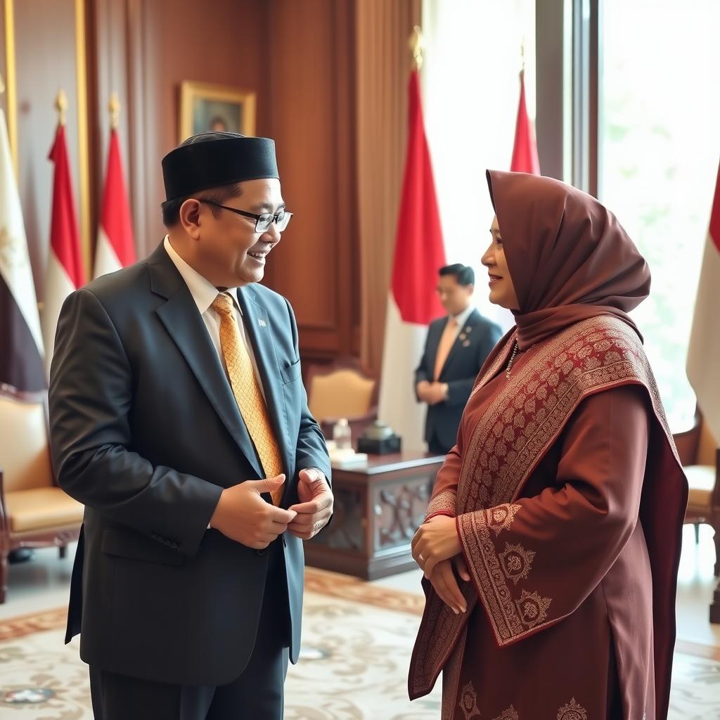 A formal and respectful meeting between two prominent Indonesian political figures, Prabowo Subianto and Megawati Soekarnoputri