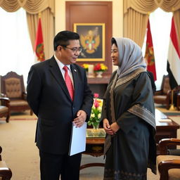 A formal and respectful meeting between two prominent Indonesian political figures, Prabowo Subianto and Megawati Soekarnoputri