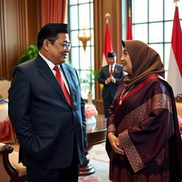 A formal and respectful meeting between two prominent Indonesian political figures, Prabowo Subianto and Megawati Soekarnoputri