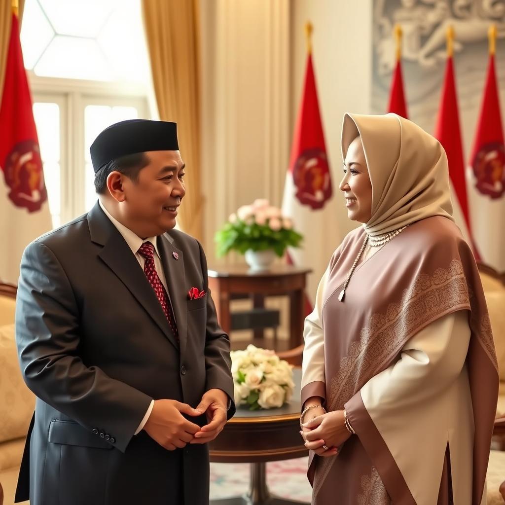 A formal and respectful meeting between two prominent Indonesian political figures, Prabowo Subianto and Megawati Soekarnoputri