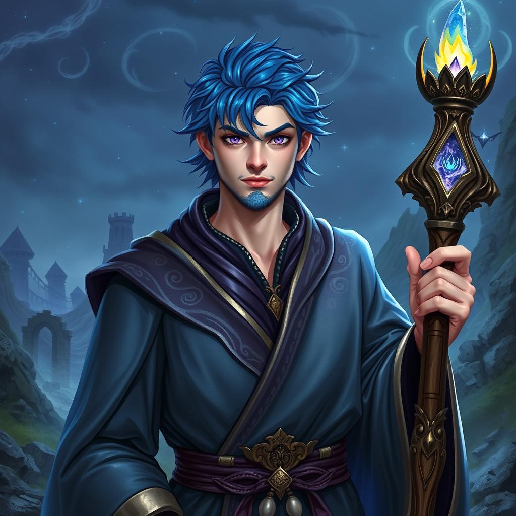 A 30-year-old wizard with vibrant blue hair and striking purple eyes, clean-shaven and without a beard