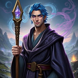 A 30-year-old wizard with vibrant blue hair and striking purple eyes, clean-shaven and without a beard