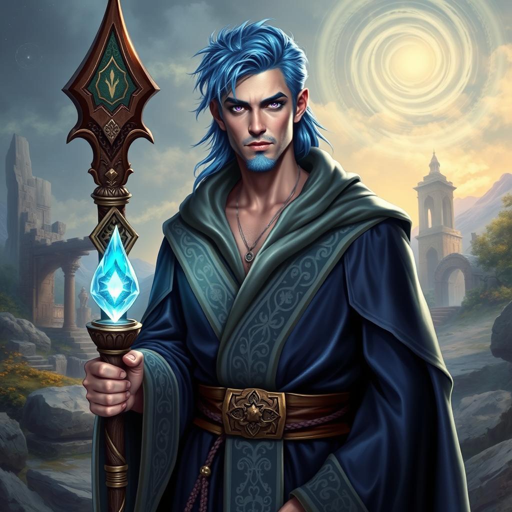 A 30-year-old wizard with vibrant blue hair and striking purple eyes, clean-shaven and without a beard