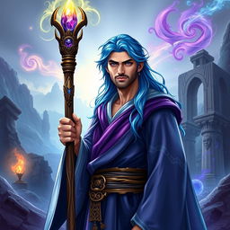 A 30-year-old wizard with vibrant blue hair and striking purple eyes, clean-shaven and without a beard