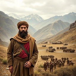 A historical landscape image depicting Wazeer Akbar Khan, the Afghan commander, standing proudly in traditional Afghan attire with a determined expression