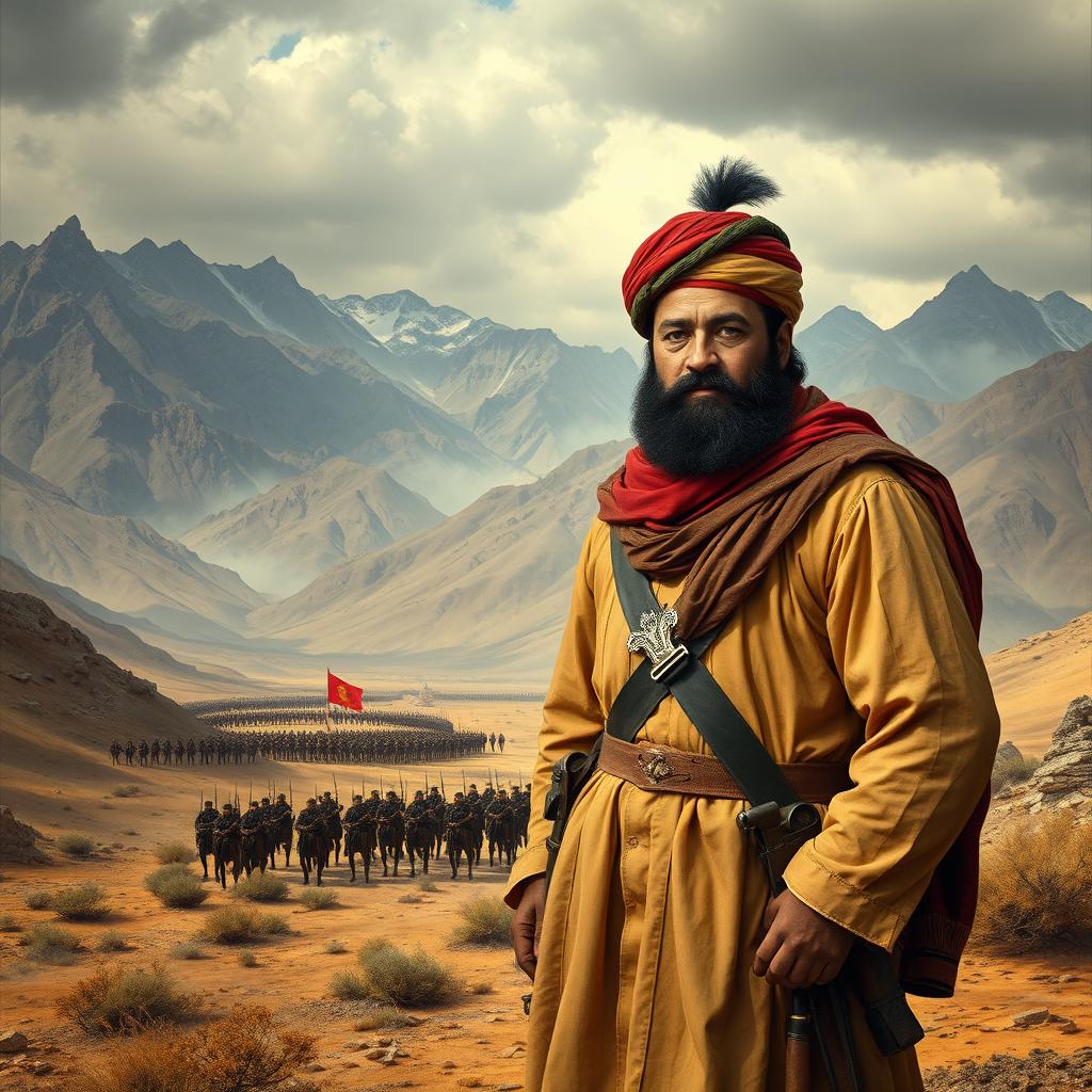 A historical landscape image depicting Wazeer Akbar Khan, the Afghan commander, standing proudly in traditional Afghan attire with a determined expression