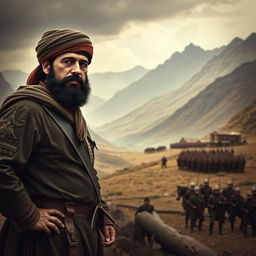 A historical landscape image depicting Wazeer Akbar Khan, the Afghan commander, standing proudly in traditional Afghan attire with a determined expression