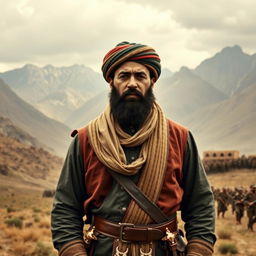 A historical landscape image depicting Wazeer Akbar Khan, the Afghan commander, standing proudly in traditional Afghan attire with a determined expression