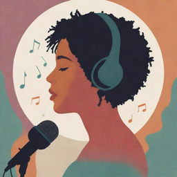 Peaceful poster design featuring an introvert, music lover, and singer. Reflect a warm aesthetic with a central silhouette, surrounded by harmonious musical notes, and clutching a microphone gently. Use a palette of tranquil colors for a soothing feeling.