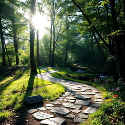 A serene and uplifting scene symbolizing the journey of healing, with a winding path through a tranquil forest