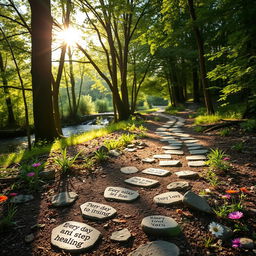 A serene and uplifting scene symbolizing the journey of healing, with a winding path through a tranquil forest