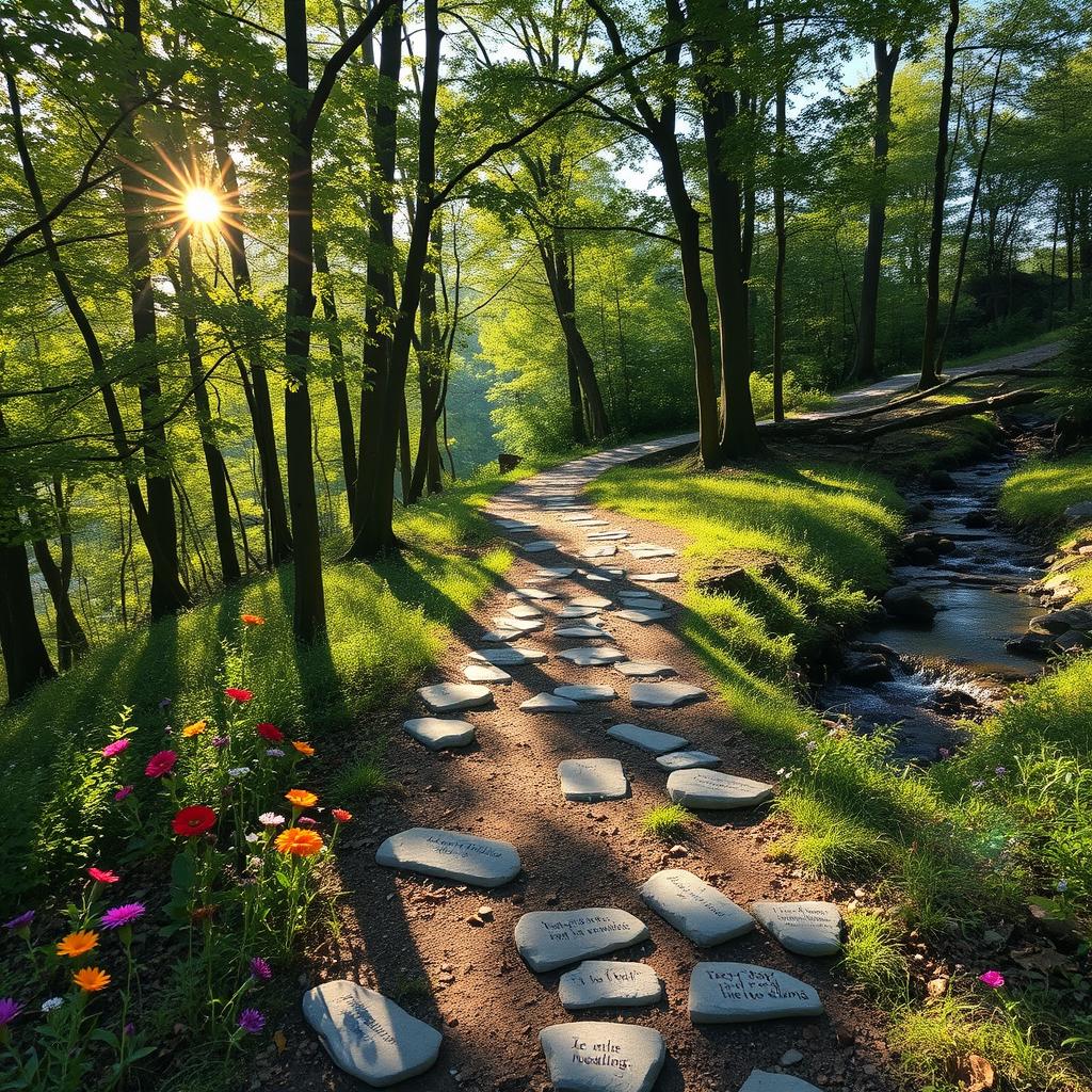 A serene and uplifting scene symbolizing the journey of healing, with a winding path through a tranquil forest