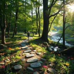 A serene and uplifting scene symbolizing the journey of healing, with a winding path through a tranquil forest