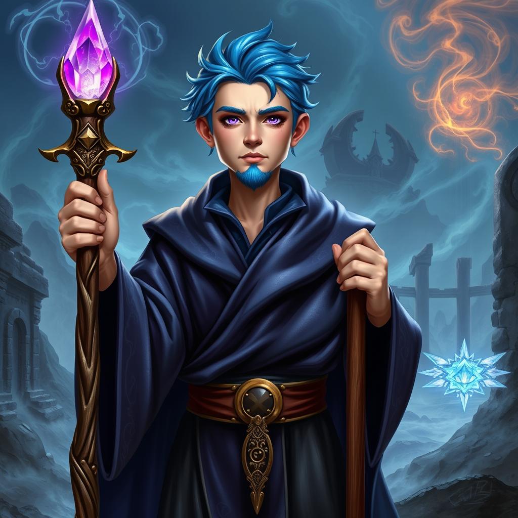 A short, 30-year-old wizard with vibrant blue hair and striking purple eyes, clean-shaven and without a beard