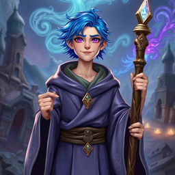A short, 30-year-old wizard with vibrant blue hair and striking purple eyes, clean-shaven and without a beard