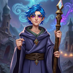 A short, 30-year-old wizard with vibrant blue hair and striking purple eyes, clean-shaven and without a beard