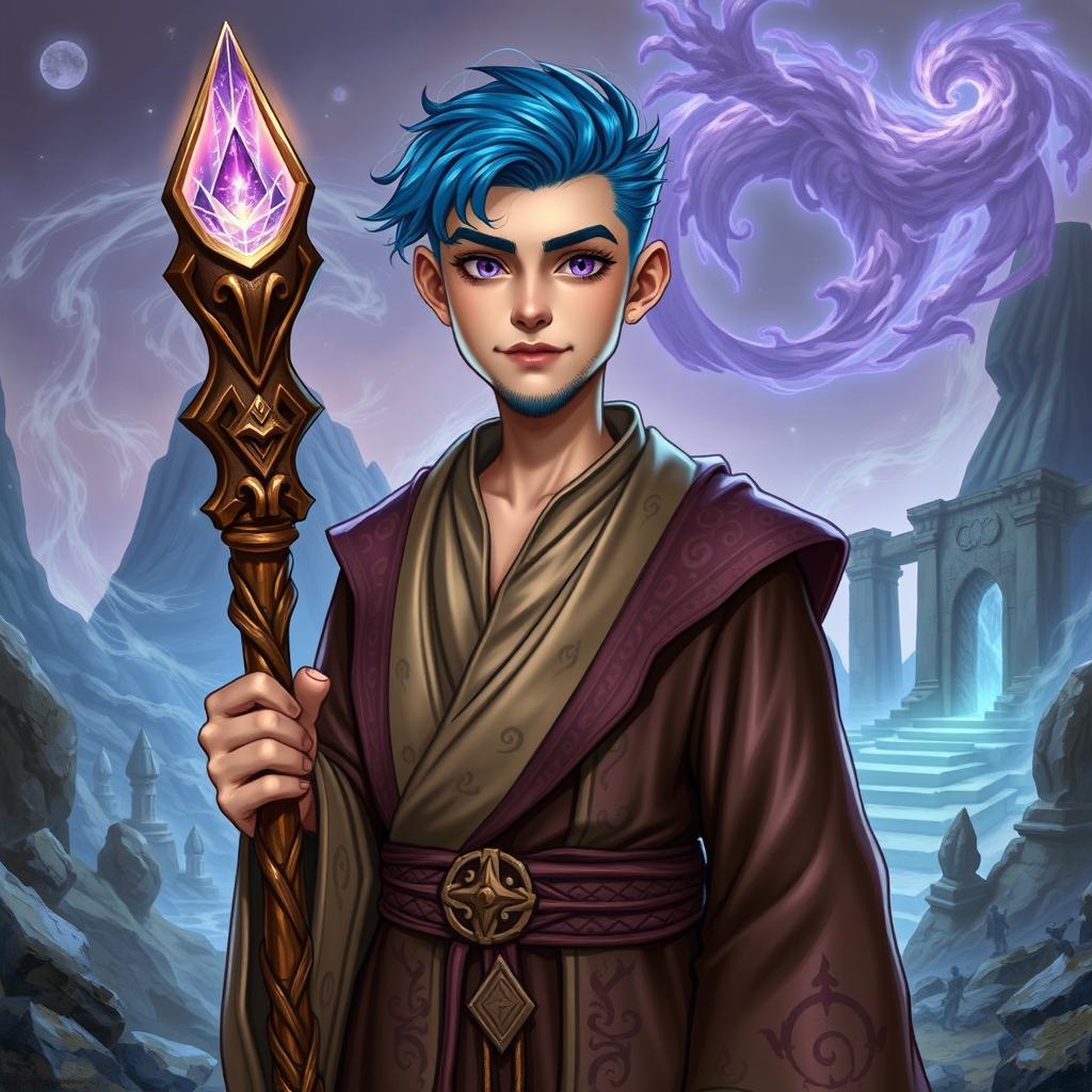 A short, 30-year-old wizard with vibrant blue hair and striking purple eyes, clean-shaven and without a beard