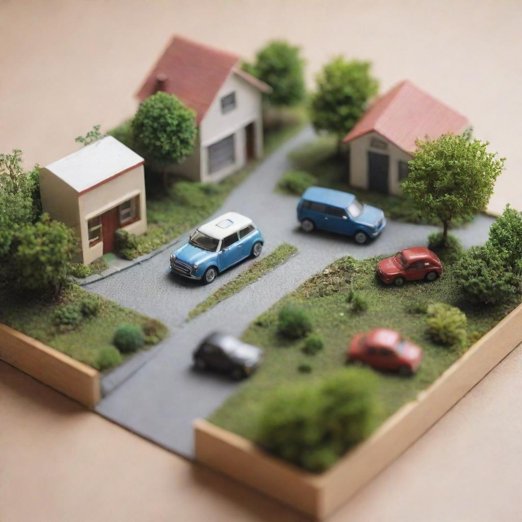 Convey 'small' options with an image of a miniature world: mini plants, a small house, tiny cars- portraying the charm and simplicity of small-scale occurrences or choices.