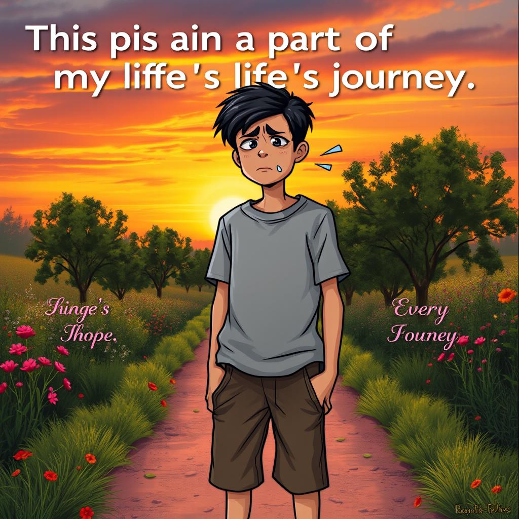 An emotional scene depicting a person standing on a path symbolizing life's journey, surrounded by vivid nature