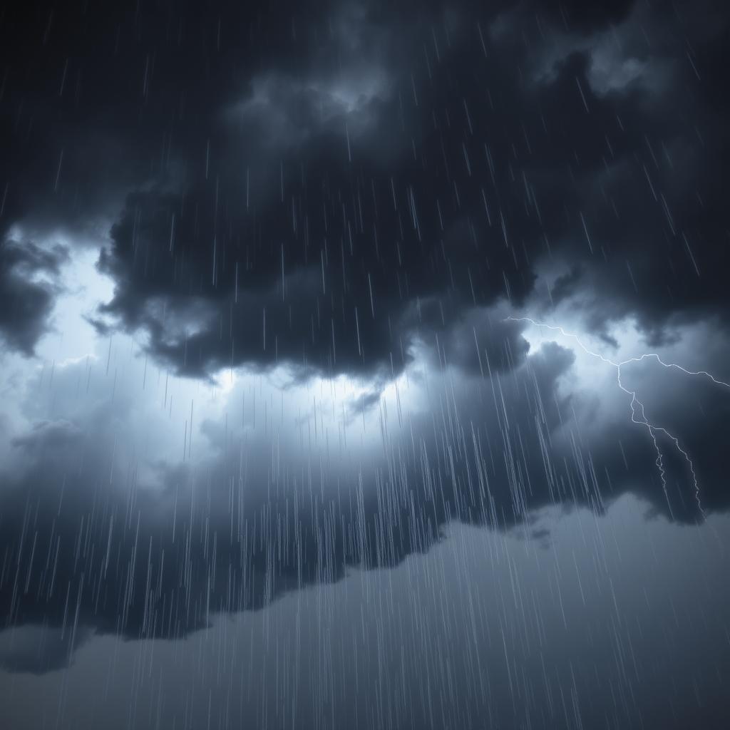 A dramatic sky filled with dark, angry clouds, portraying a scene of disdain for the rain