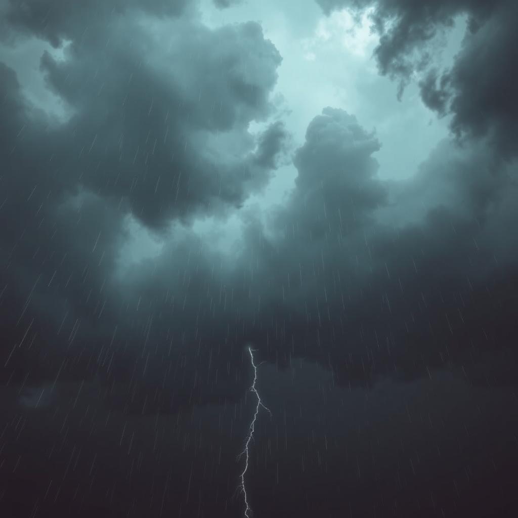 A dramatic sky filled with dark, angry clouds, portraying a scene of disdain for the rain