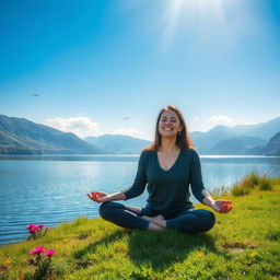 A serene and peaceful landscape featuring a tranquil lake surrounded by lush green mountains under a clear blue sky, with gentle sunlight illuminating the scene