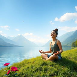 A serene and peaceful landscape featuring a tranquil lake surrounded by lush green mountains under a clear blue sky, with gentle sunlight illuminating the scene