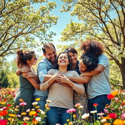 A serene and warm scene depicting a person peacefully enveloped by a diverse group of loving and supportive individuals