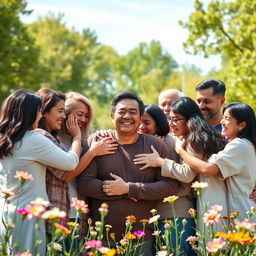 A serene and warm scene depicting a person peacefully enveloped by a diverse group of loving and supportive individuals