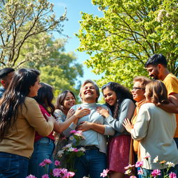 A serene and warm scene depicting a person peacefully enveloped by a diverse group of loving and supportive individuals