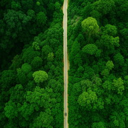 An aerial view of a well-tarred straight road cutting through the heart of a lush, dense forest.