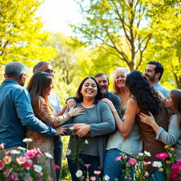 A serene and warm scene depicting a person peacefully enveloped by a diverse group of loving and supportive individuals