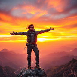 A brave person, standing confidently at the edge of a cliff, overlooking a vast landscape filled with mountains and valleys under a vibrant sunset