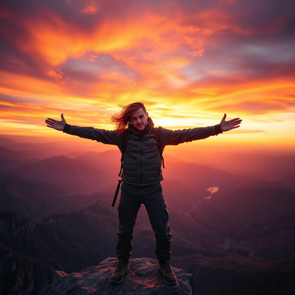 A brave person, standing confidently at the edge of a cliff, overlooking a vast landscape filled with mountains and valleys under a vibrant sunset
