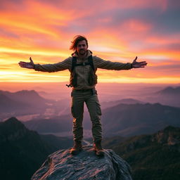 A brave person, standing confidently at the edge of a cliff, overlooking a vast landscape filled with mountains and valleys under a vibrant sunset