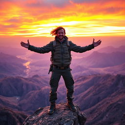 A brave person, standing confidently at the edge of a cliff, overlooking a vast landscape filled with mountains and valleys under a vibrant sunset