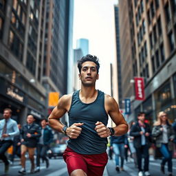 A focused individual running through a bustling city street, surrounded by tall skyscrapers and people going about their day