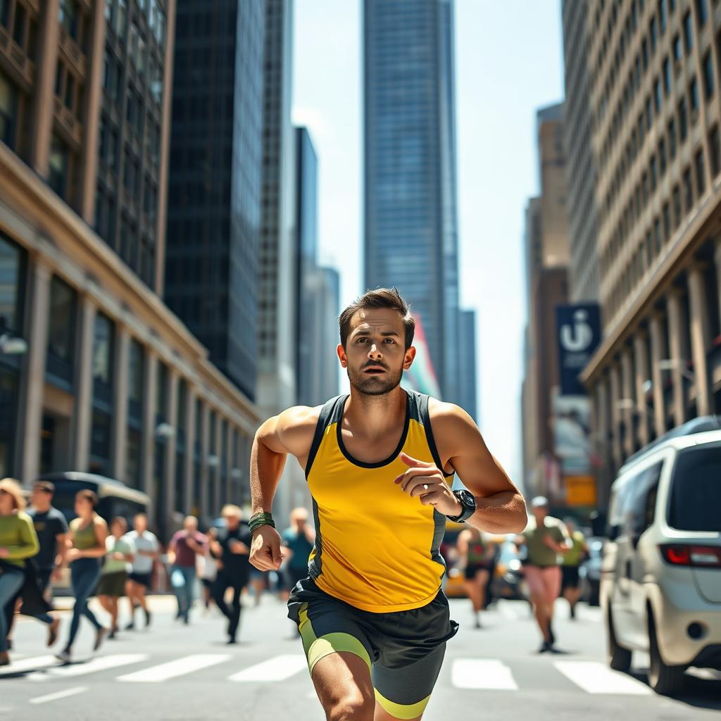 A focused individual running through a bustling city street, surrounded by tall skyscrapers and people going about their day