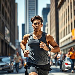 A focused individual running through a bustling city street, surrounded by tall skyscrapers and people going about their day