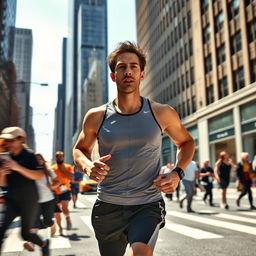 A focused individual running through a bustling city street, surrounded by tall skyscrapers and people going about their day